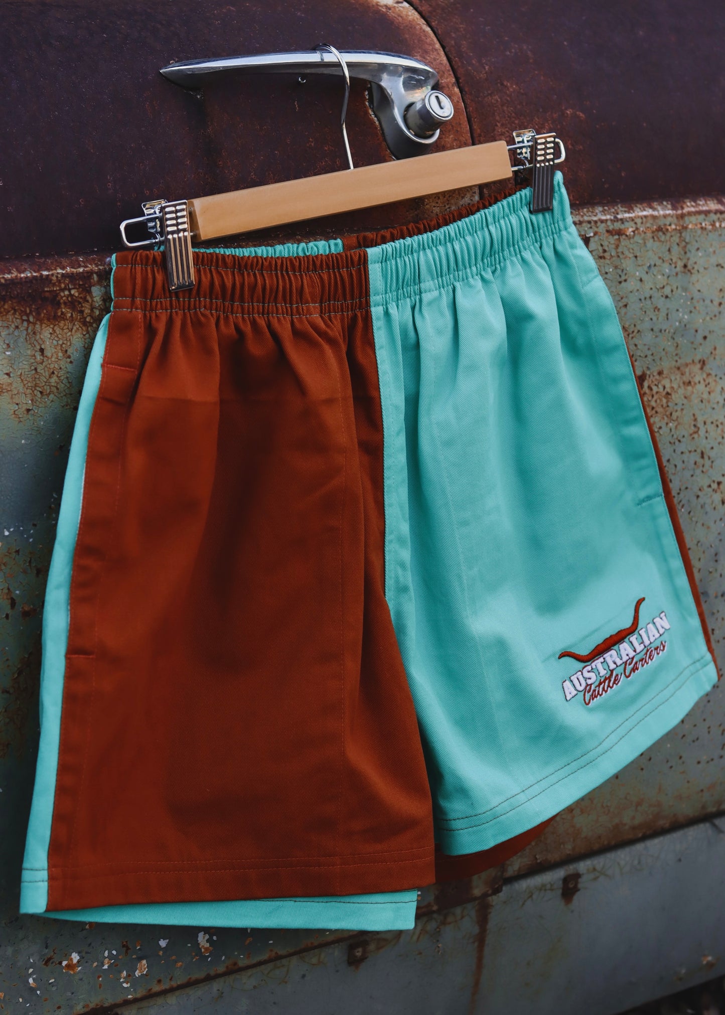 Longhorn Rugby Shorts in Tan & Turquoise