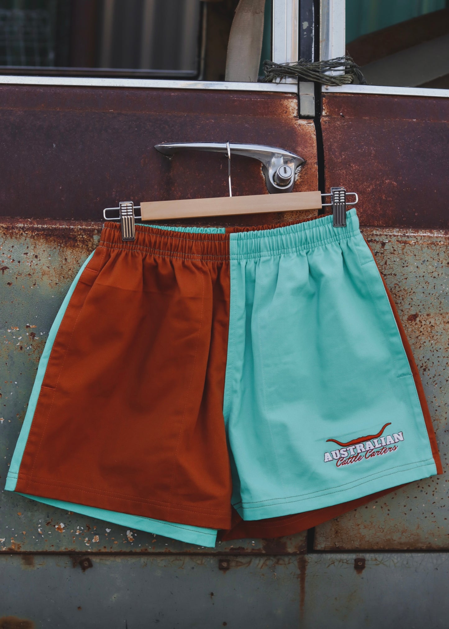 Longhorn Rugby Shorts in Tan & Turquoise